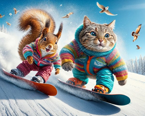 Squirrel and Cat Snowboarding in Colorful Sweaters