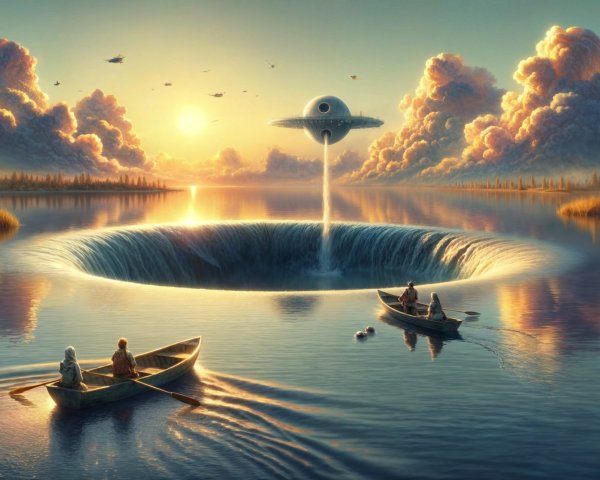 Serene Lake Sunset with UFO and Fishermen Boats