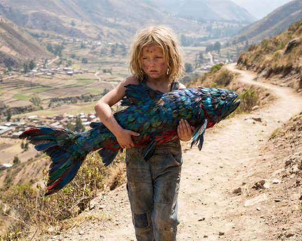 Young girl with colorful fish-like creature in mountains