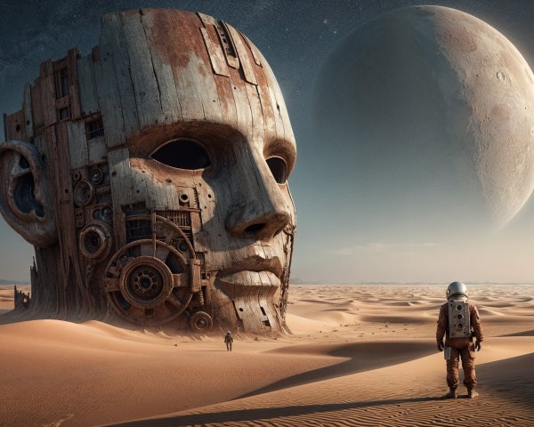 Colossal Robotic Head in Desert Landscape with Astronaut