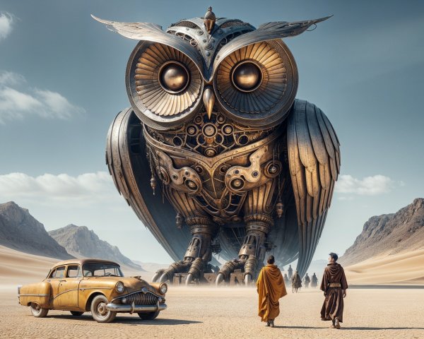 Desert Scene with Mechanical Owl and Abandoned Car