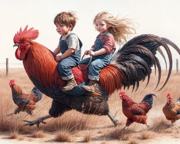 Children Riding a Colorful Rooster in a Sunny Landscape