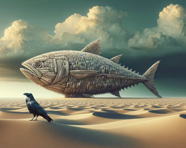 Surreal Landscape with Wooden Fish and Raven on Sand