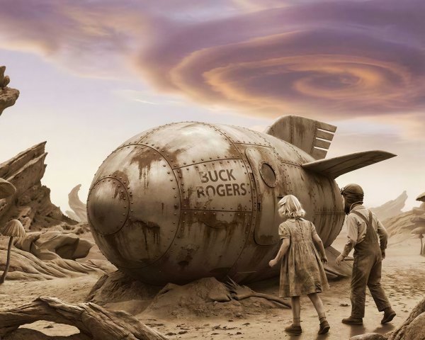 Children Observing Rusted Spaceship in Alien Landscape