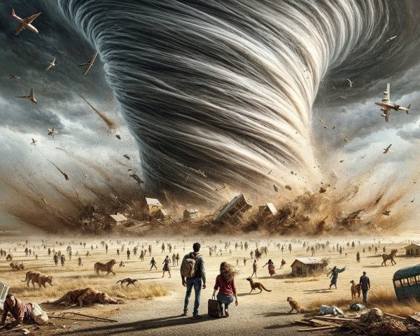 Tornado Scene with Figures Amidst Storm Chaos