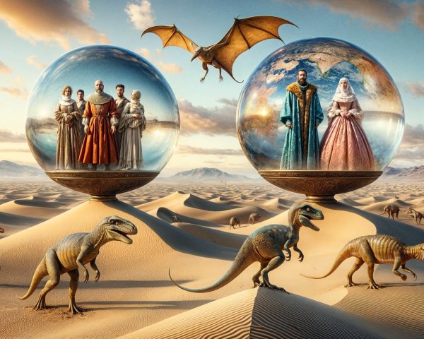 Surreal Desert Scene with Historical and Fantasy Elements
