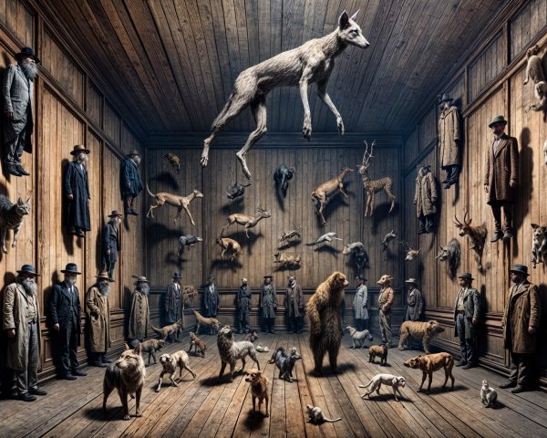 Surreal Scene with Taxidermied Animals in Wooden Room
