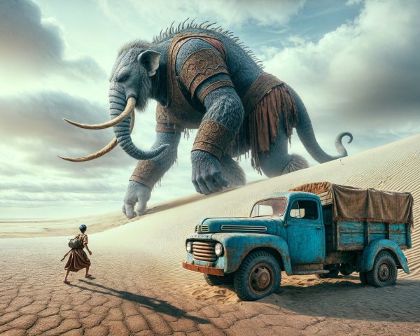 Surreal Desert Scene with Armored Elephant and Truck