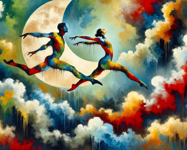 Abstract Dancers in Colorful Mid-Leap with Moonlit Sky