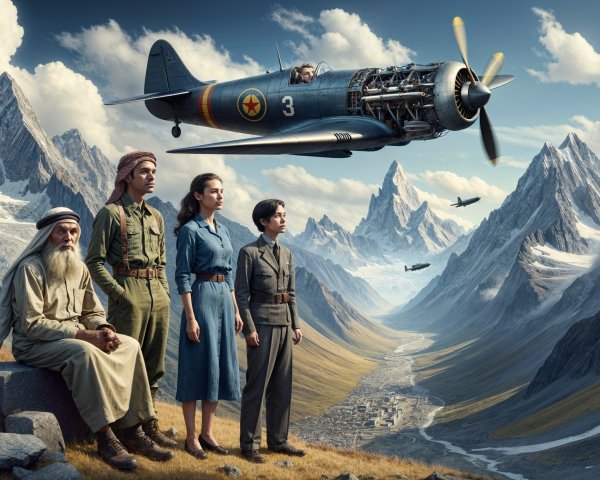 Dramatic Mountain Landscape with Figures and Aircraft