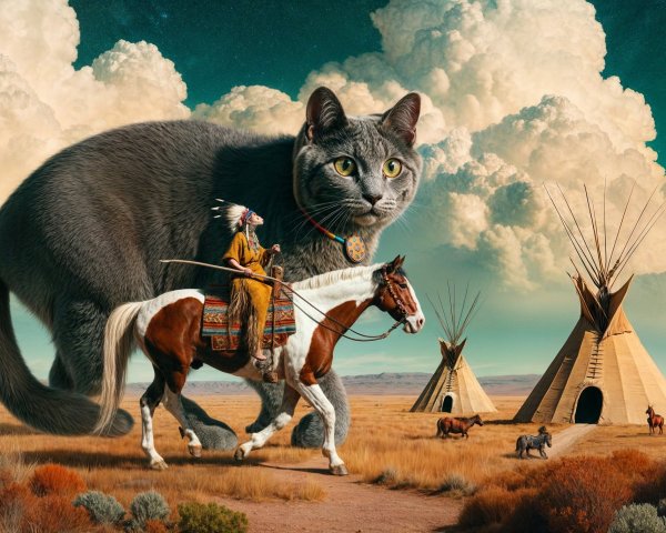 Surreal Landscape with Cat, Horse, and Teepees