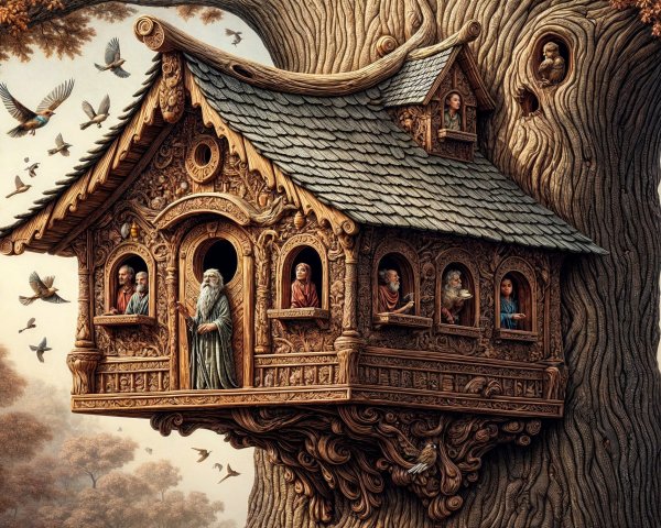 Intricately Carved Whimsical Treehouse in Nature