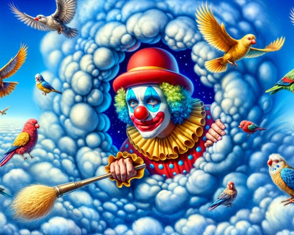 Whimsical Clown with Birds in Colorful Sky Scene