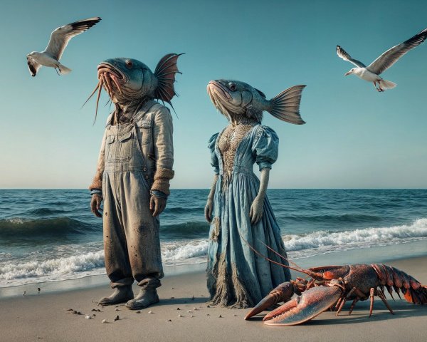 Surreal Beach Scene with Fish-Headed Figures and Lobster