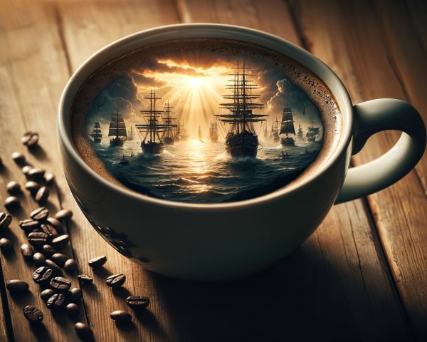 Coffee Cup with Ships and Sunset on Wooden Surface