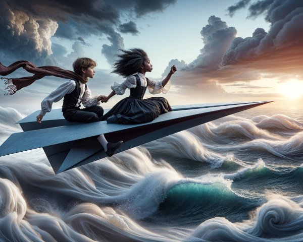Children Riding a Giant Paper Airplane Above Ocean Waves