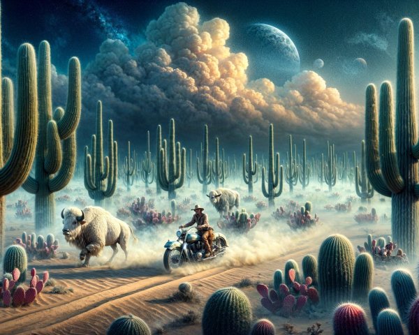 Surreal Desert Landscape with Cacti and Buffalo Stampede