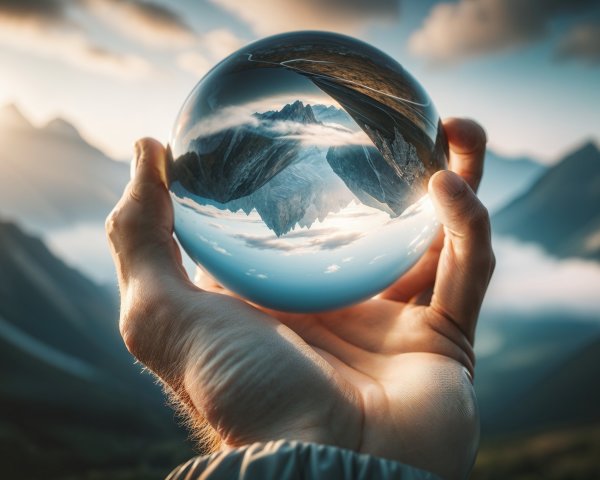 Crystal Sphere Reflecting Mountain Peaks and Clouds