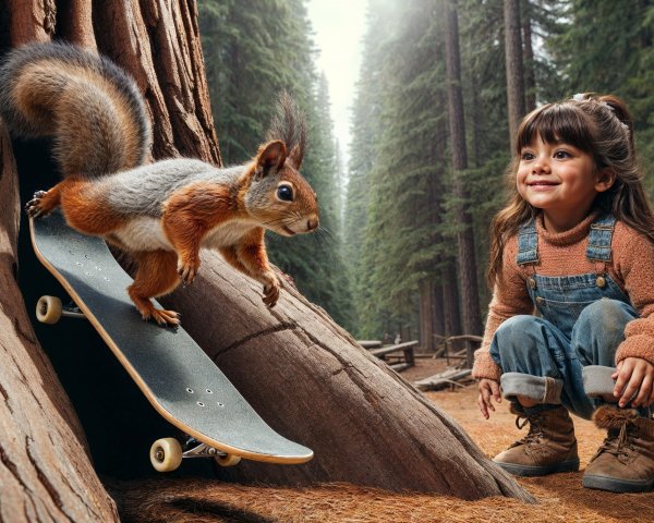 Young Girl Observes Squirrel Skateboarding in Forest