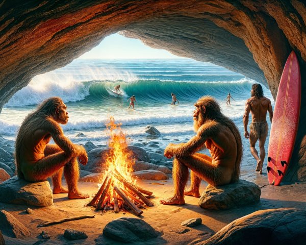 Prehistoric Figures in Cave Watching Modern Surfers