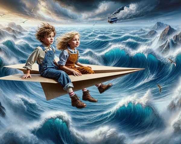 Children Flying on a Giant Paper Airplane Over Ocean