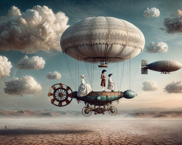 Vintage Hot Air Balloon Over Desolate Landscape