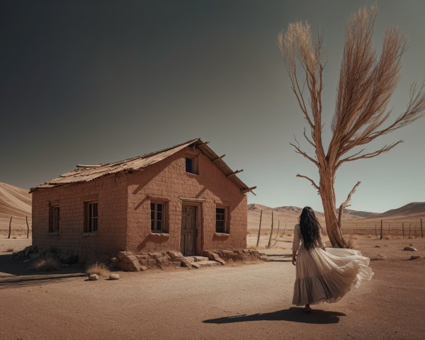 Desolate Landscape with Weathered House and Tree