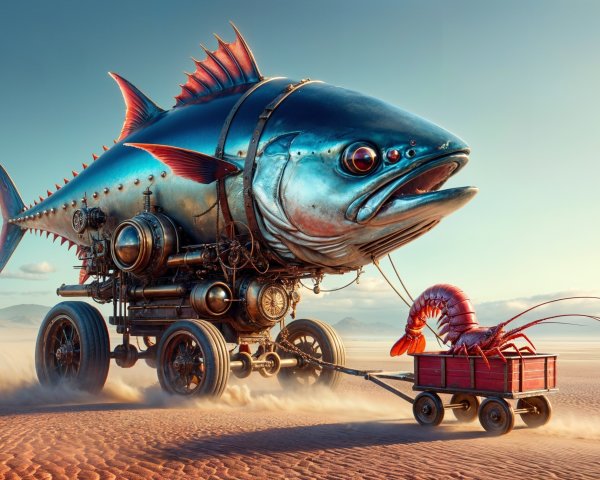 Futuristic fish with cart in a desert landscape