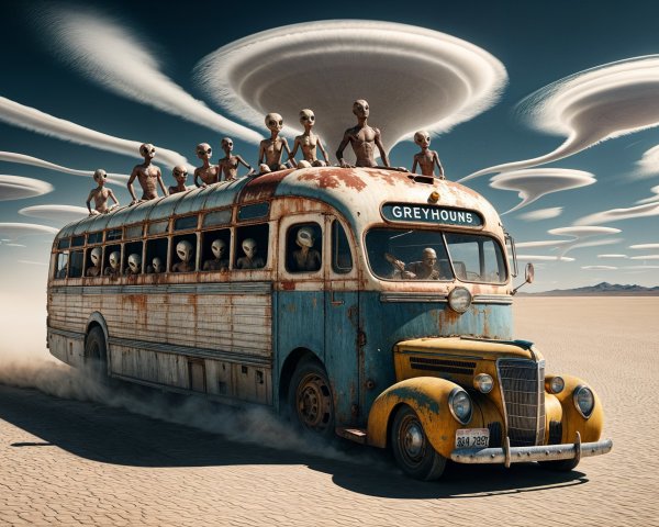 Vintage Bus in Arid Landscape with Aliens and Clouds
