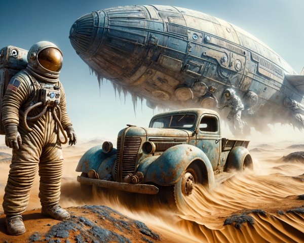 Astronaut in Vintage Spacesuit on Desolate Landscape