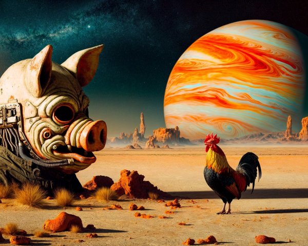 Surreal Alien Landscape with Mechanical Pig and Rooster