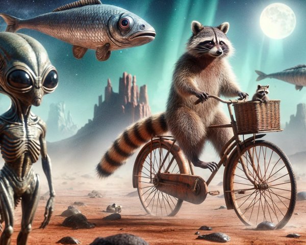 Raccoon on Bicycle in Surreal Extraterrestrial Scene