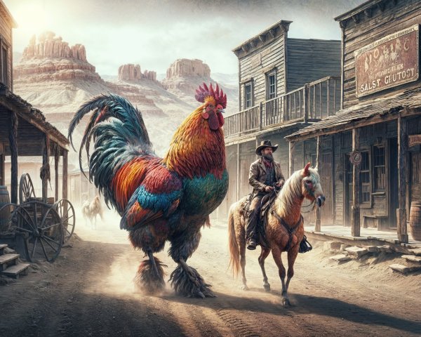 Oversized Rooster in Deserted Western Town Scene