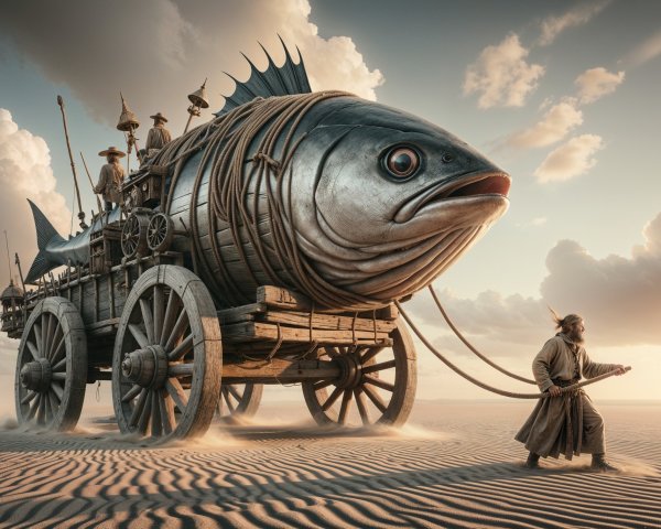 Surreal Fish Vehicle in Whimsical Landscape Scene