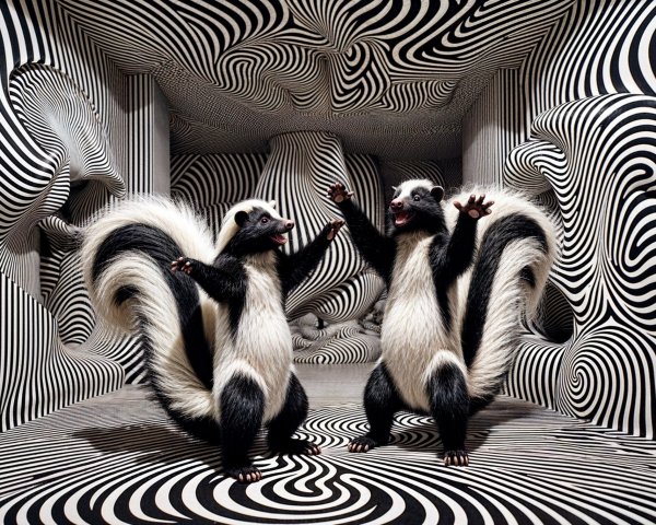 Surreal Room with Playful Skunks and Optical Patterns