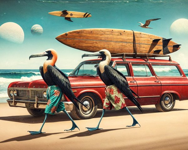 Retro Red Station Wagon with Surfboard at Beach