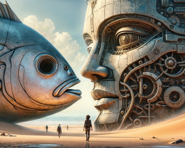 Surreal Landscape with Metallic Fish and Robotic Face