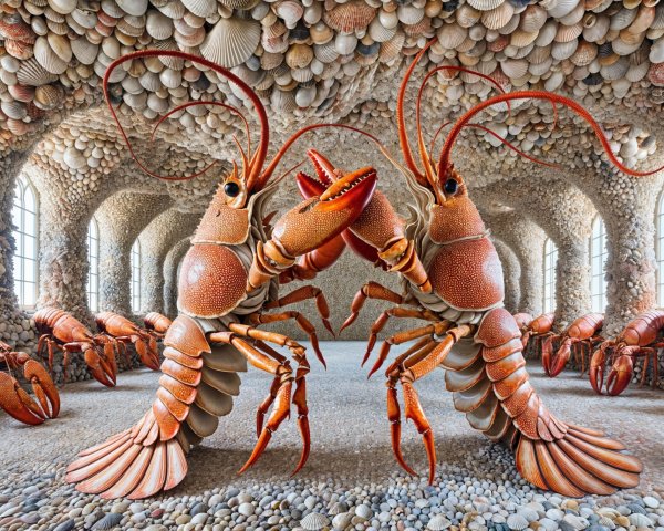 Vibrant Lobsters in a Seashell-Adorned Hall