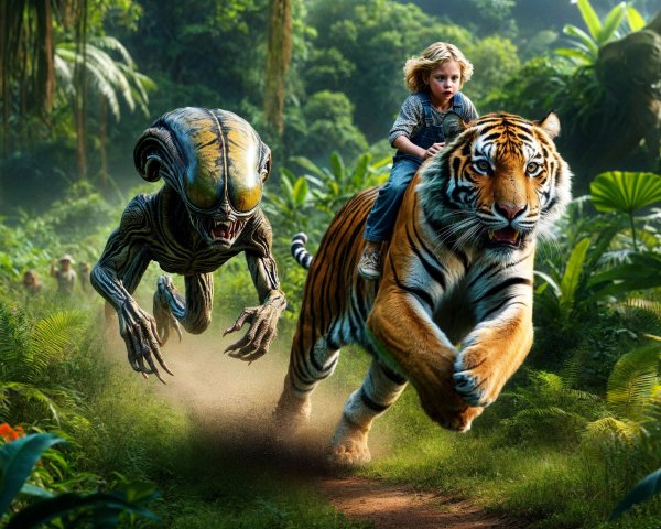 Child Riding Tiger in Jungle with Alien Pursuer