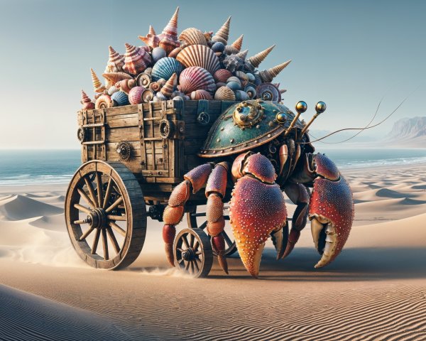 Colorful Crab Pulling Cart of Seashells on Sand Dunes