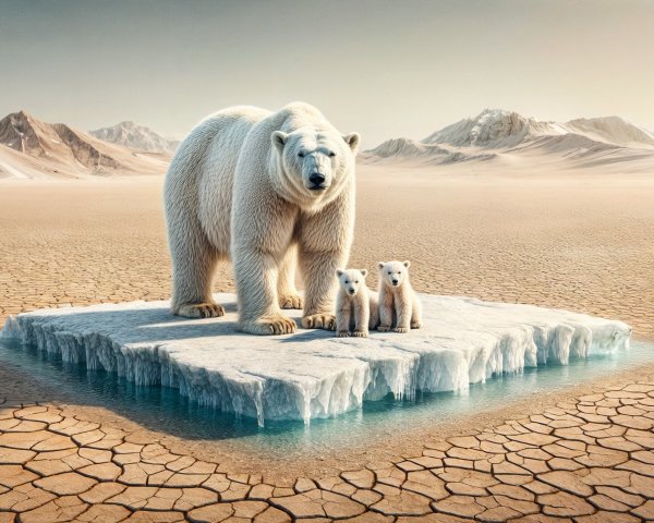 Polar bear with cubs on ice floe in barren landscape