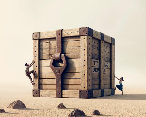 Climbing a Giant Wooden Crate in an Arid Landscape