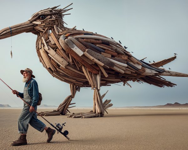Giant Driftwood Bird in a Barren Landscape Scene