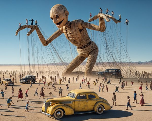 Giant Wooden Puppet Overseeing Desert Crowd Scene