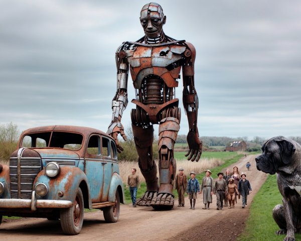 Colossal Rusty Robot in Rural Setting with Vintage Car