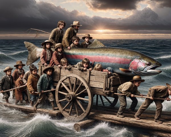 Children and adults on a raft with a large fish