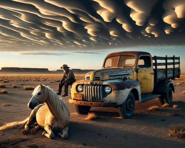 Weathered Truck and Horse in Dramatic Sunset Landscape