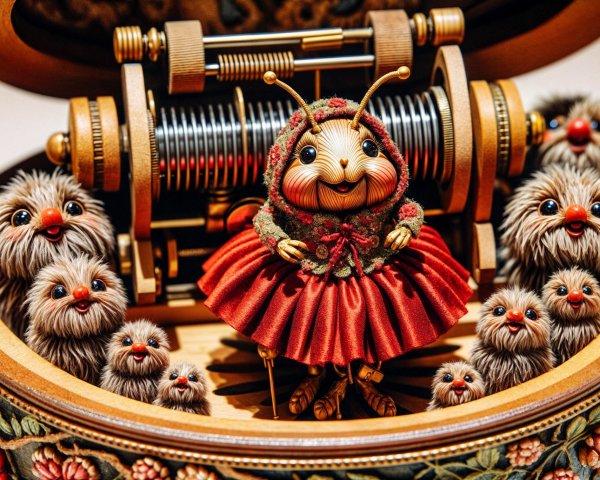Whimsical Music Box with Insect Figure and Floral Carvings