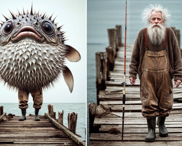 Cartoonish Pufferfish and Fisherman on a Dock