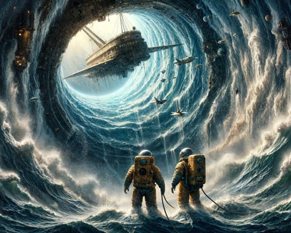 Astronauts at Vortex with Ship and Ocean Waves